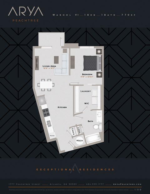 One Bedroom One Bath Warhol 6 floor plan at Arya Peachtree, Georgia, 30309